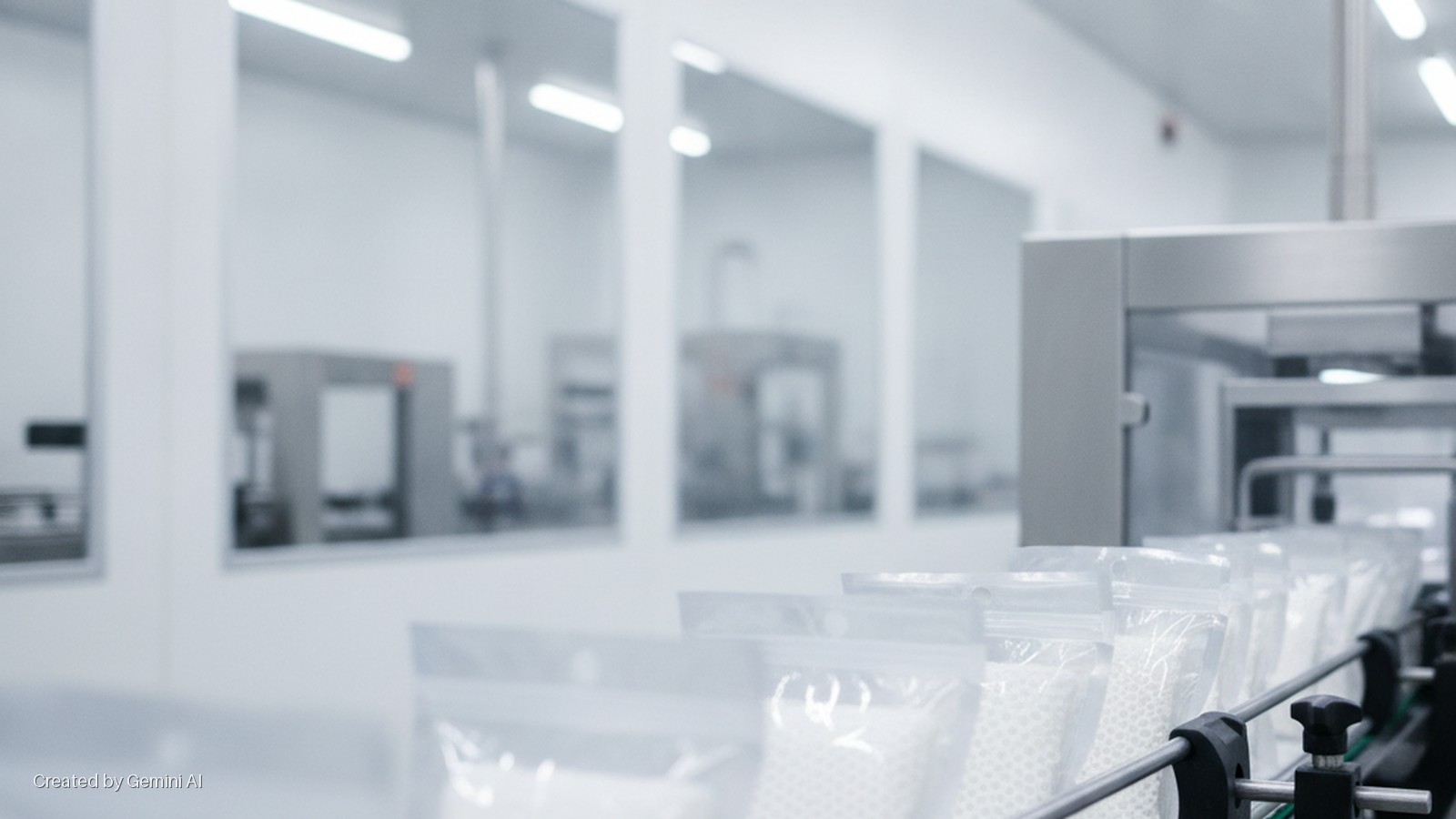 Clear pouches filled with white spheres move along a conveyor belt in a brightly lit clean room factory featuring industrial machinery and large windows.