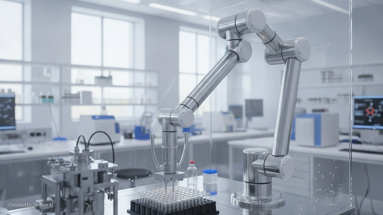 A bright, modern laboratory features a silver robotic arm dispensing into a microplate, with scientific instruments, computer monitors, and large windows in the background.