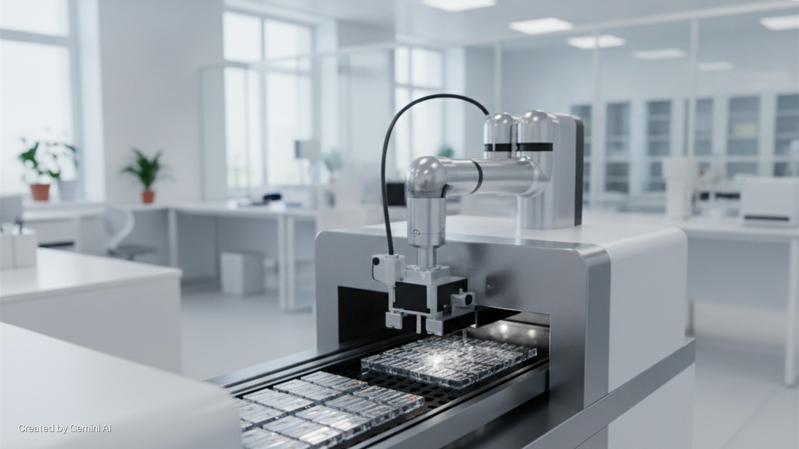 A robotic arm operates on trays of microplates moving along a conveyor belt in a bright, modern laboratory featuring windows, potted plants, and white lab furniture.