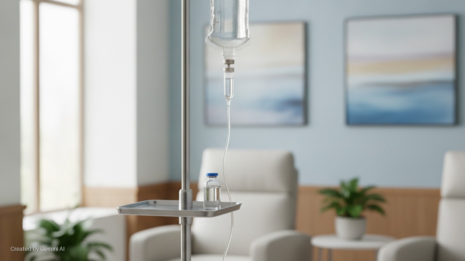 An IV pole with a hanging fluid bag and a medical vial on its tray stands in the foreground of a brightly lit medical infusion room with recliners, a large window, and abstract paintings on a light blue wall.