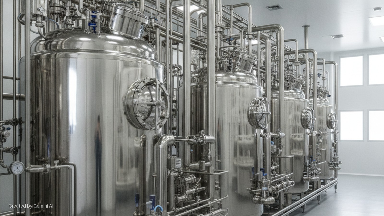 Gleaming stainless steel industrial bioreactors connected by an intricate network of pipes and valves fill a brightly lit, sterile facility with white walls and square windows.