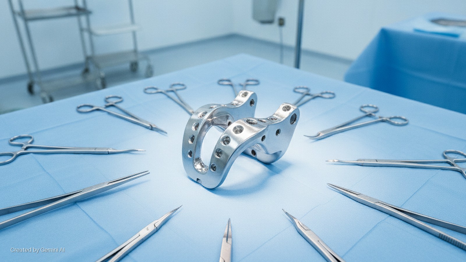 A shiny metallic orthopedic implant is surrounded by various surgical instruments on a blue sterile draped table in a brightly lit operating room.