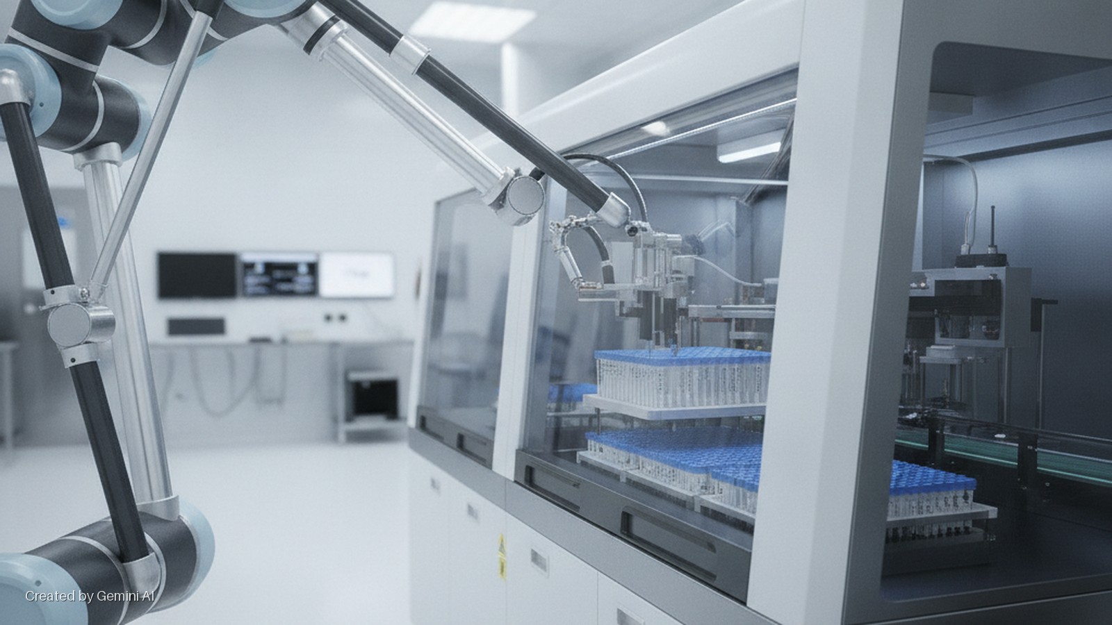 A light blue and black robotic arm is positioned in a brightly lit, modern laboratory, next to an automated system containing multiple racks of test tubes.