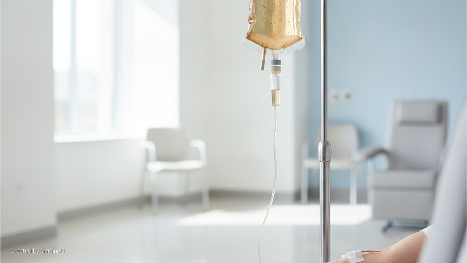An IV bag with golden liquid drips into a person's arm, brightly lit by a large window in a clean hospital room with several chairs in the background.