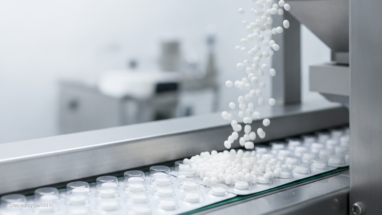 White pills fall onto blister packs moving along a conveyor belt in a brightly lit pharmaceutical manufacturing facility.