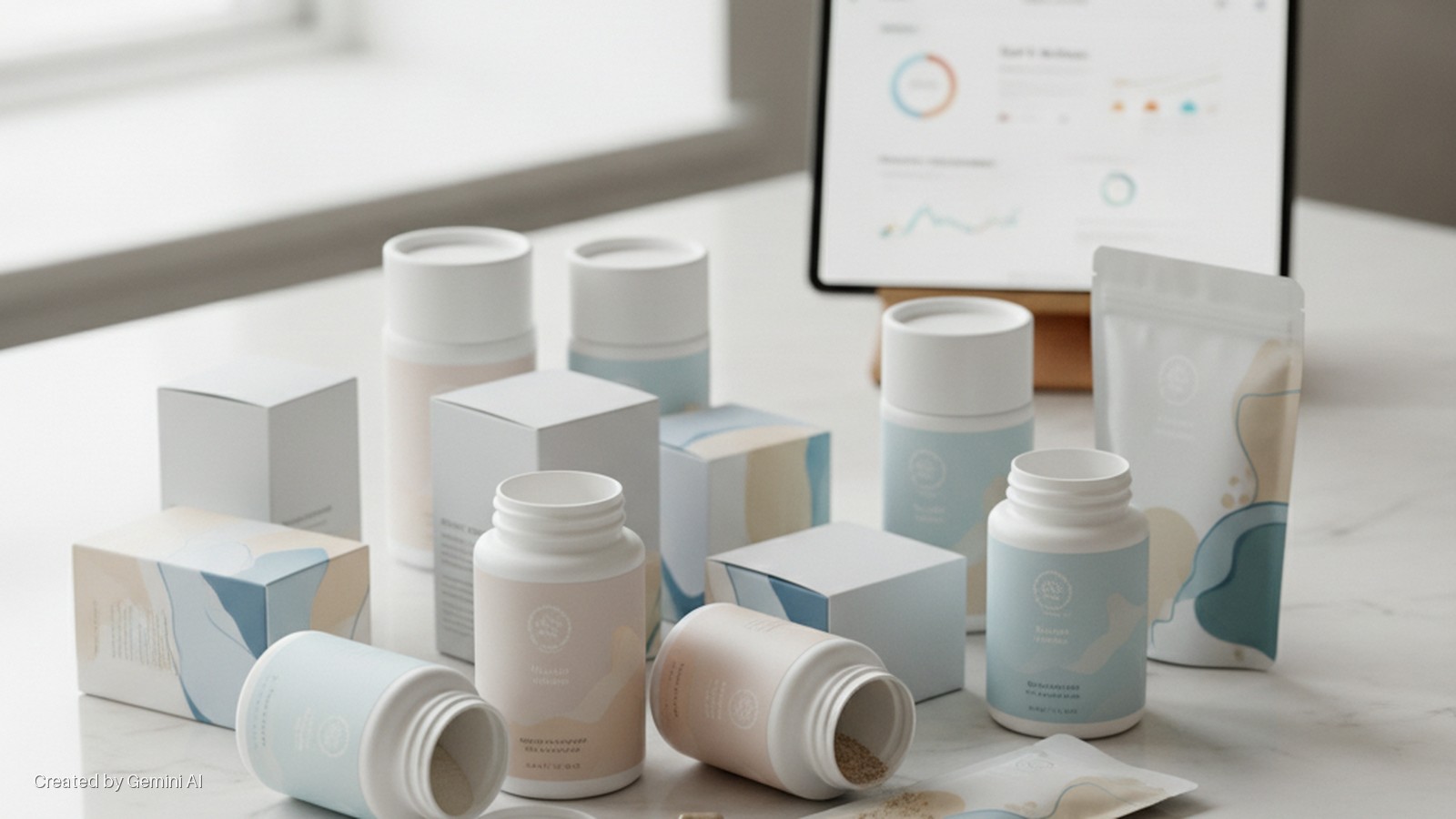 White supplement bottles, some open and spilling powder, alongside matching boxes and a pouch with soft pastel abstract designs, are arranged on a light countertop, with a tablet displaying graphs in the blurred background, all under bright