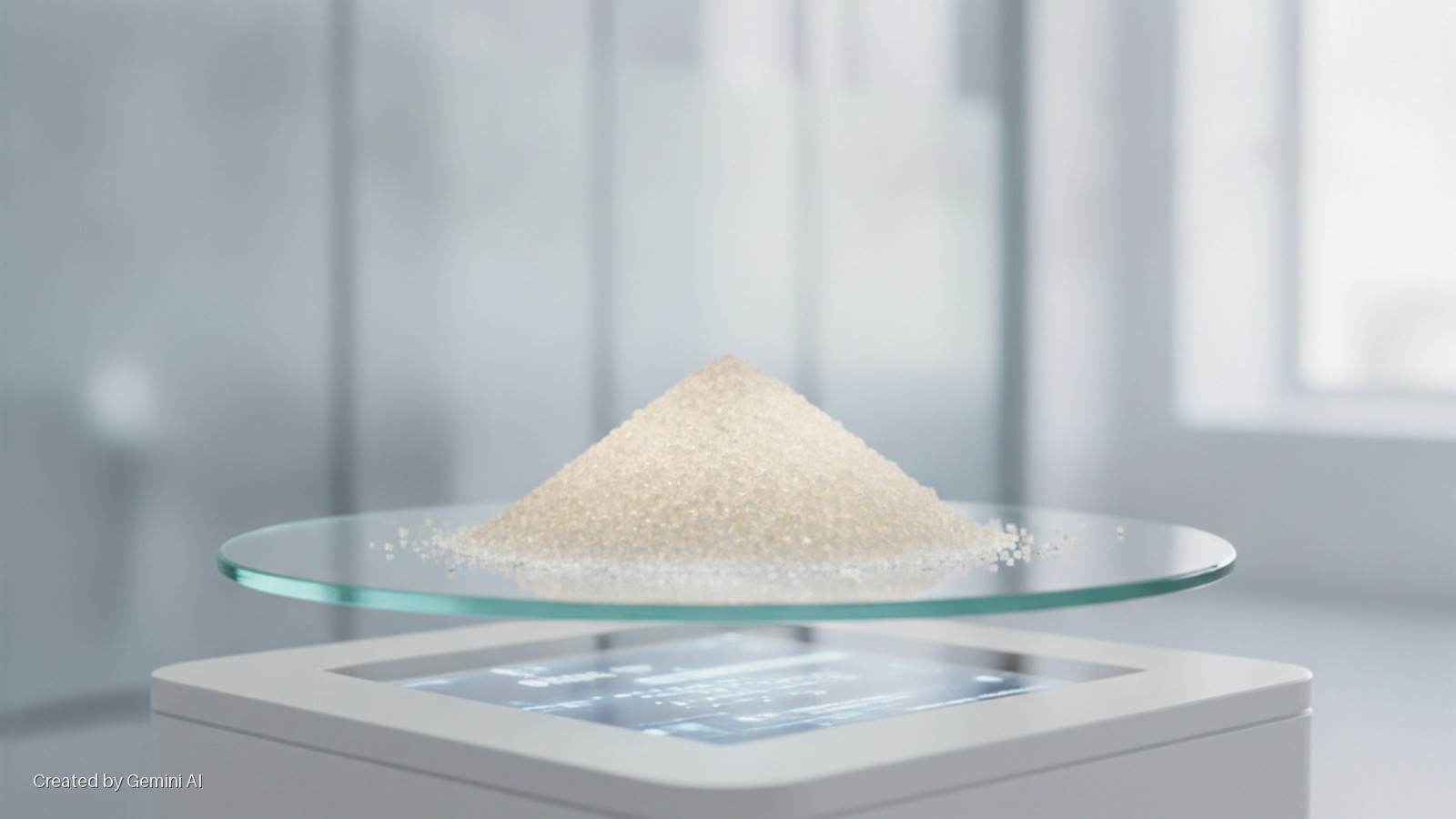A mound of crystalline sugar sits on a clear glass plate, placed on a white digital scale with an illuminated data display, in a brightly lit, modern laboratory setting.