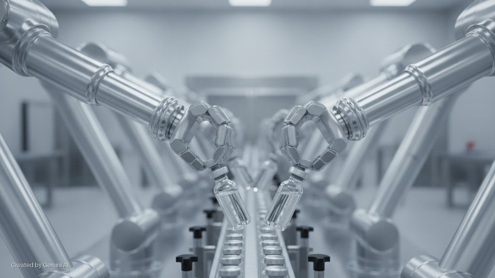 Metallic robotic arms hold glass vials above a conveyor belt in a brightly lit, sterile industrial setting.