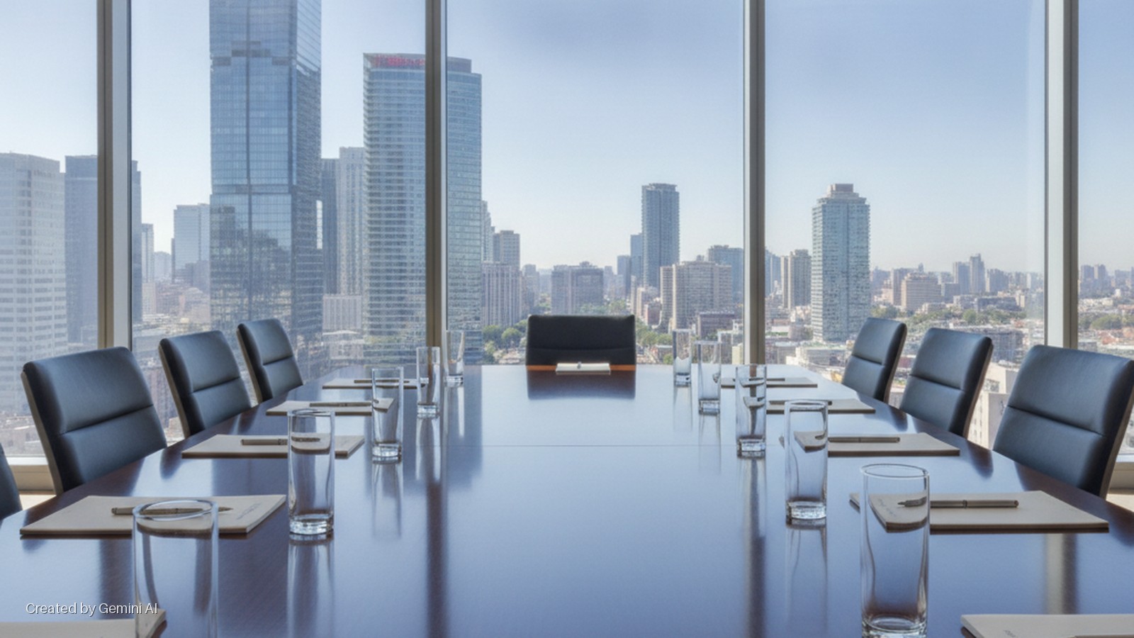 A bright, high-rise conference room features a long table with black leather chairs, glasses, notepads, and pens, overlooking a sunny urban skyline filled with skyscrapers.