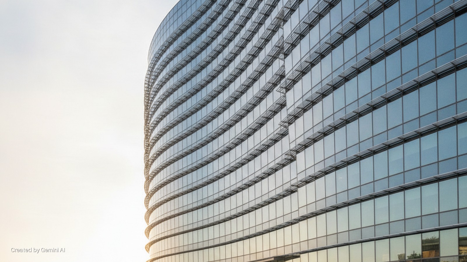 Sleek, curved glass building with horizontal shading elements reflects a bright, light-toned sky.