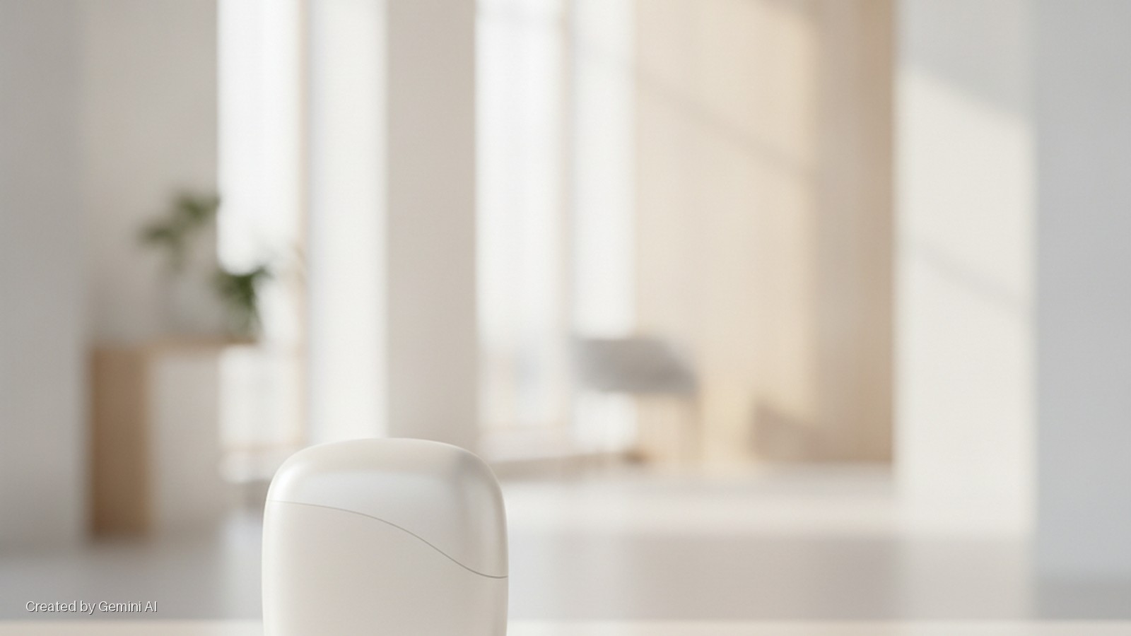 A white, rounded device rests on a light surface in a brightly lit, modern room with a blurred background showing a plant on a wooden table and large windows.