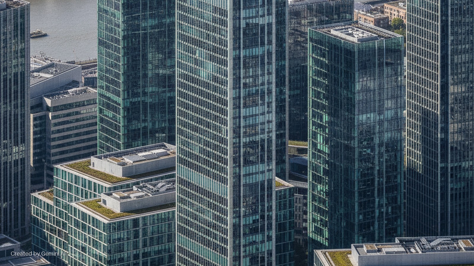 Aerial view of a city skyline featuring modern glass skyscrapers and tiered buildings with green roofs, with a river and boat in the background, under bright daylight.