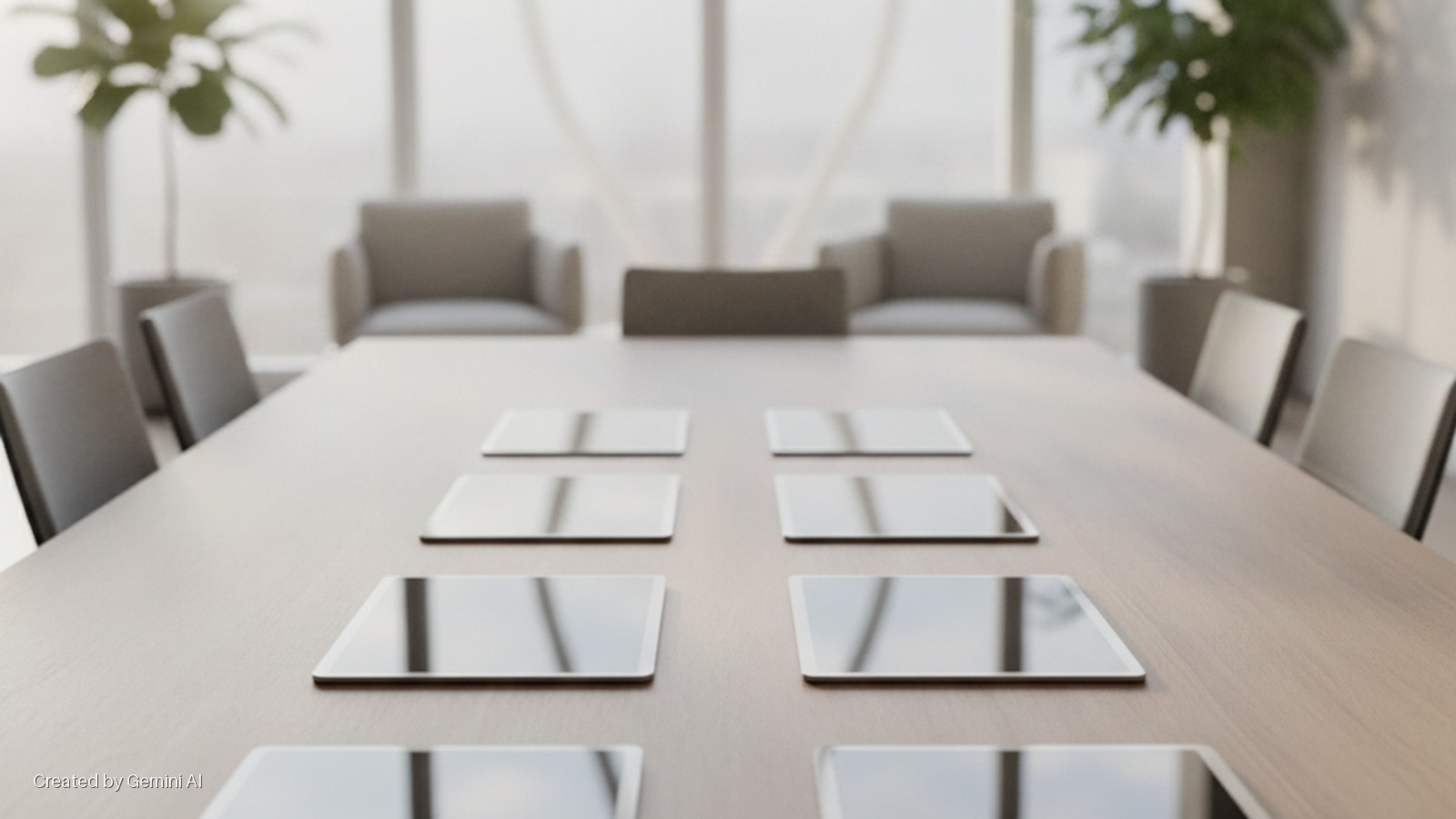 A brightly lit modern conference room with a long wooden table displaying multiple grey tablets, surrounded by office chairs, with blurred potted plants and armchairs in the background.