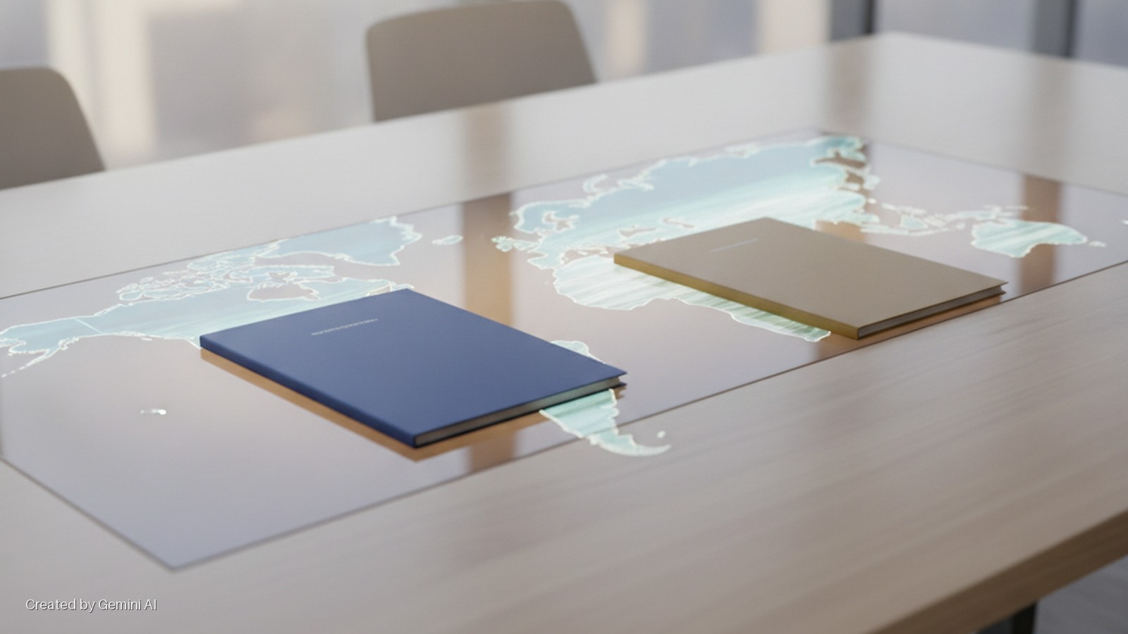 Two closed books, one blue and one gold, lie on a glass panel with a glowing world map embedded in a light wooden conference table in a brightly lit room.