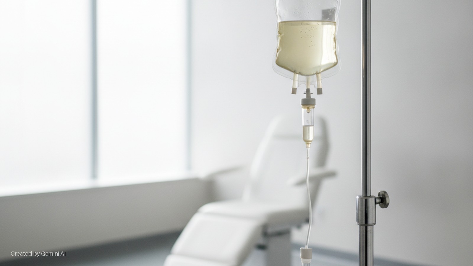 A clear IV bag filled with a yellowish liquid hangs from a metal IV stand in a brightly lit, sterile medical room with a white examination chair in the blurred background.