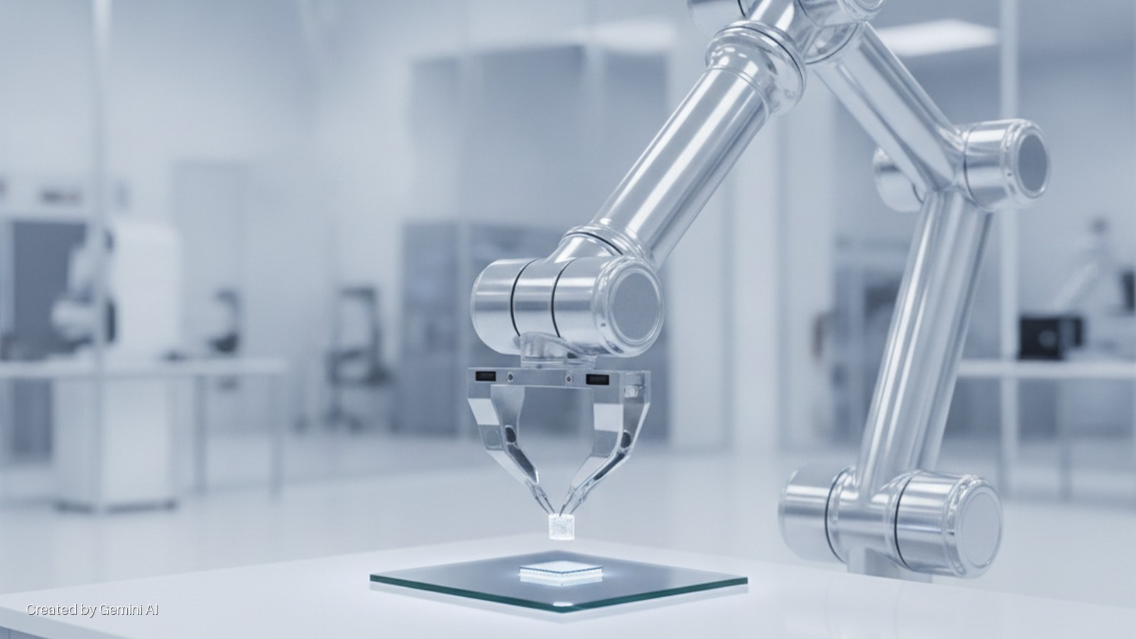 A metallic robotic arm's gripper precisely places a small, square component onto an illuminated glass plate with a larger integrated circuit in a bright, futuristic cleanroom.
