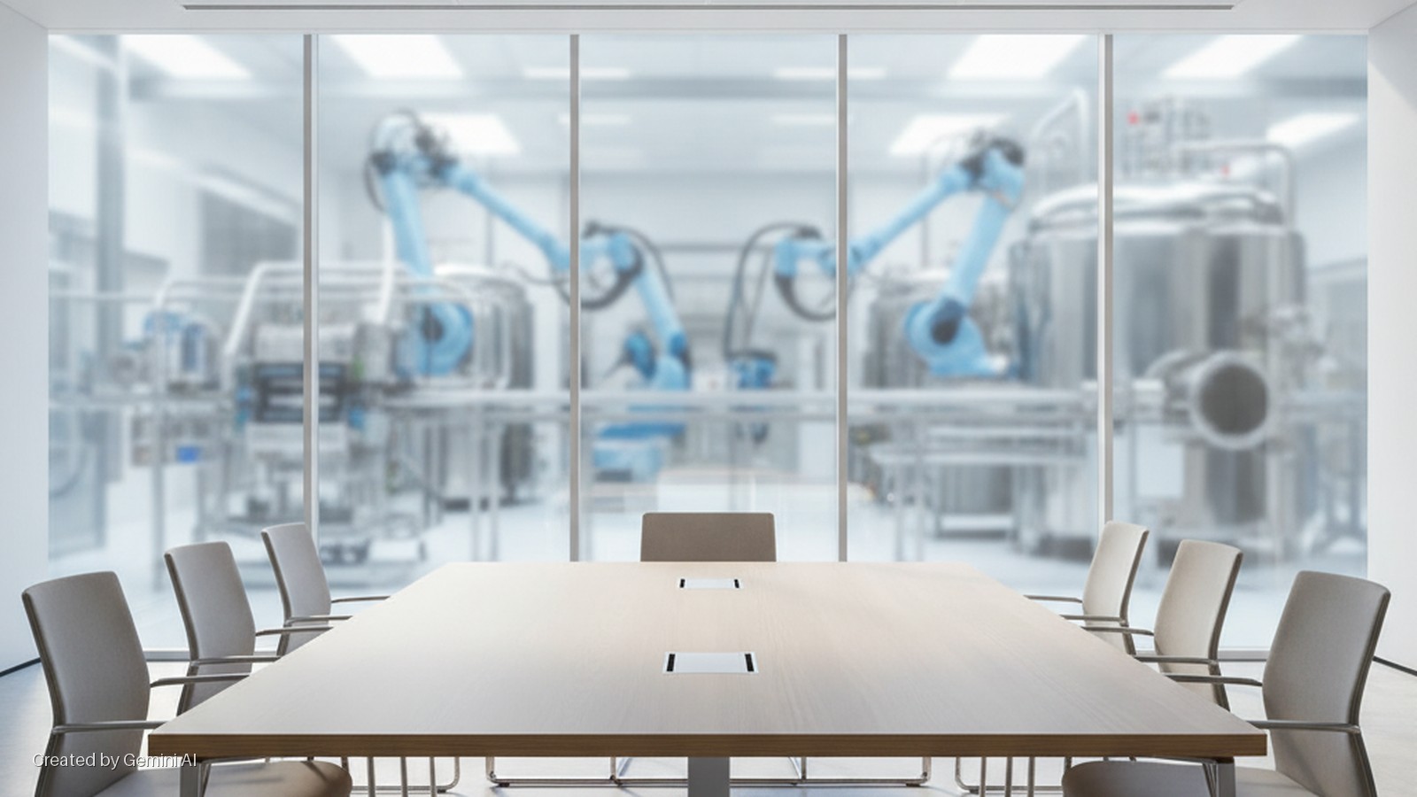 Bright, modern conference room with a long wooden table and grey chairs facing large glass windows revealing a blurred industrial facility with multiple blue robotic arms and processing tanks.