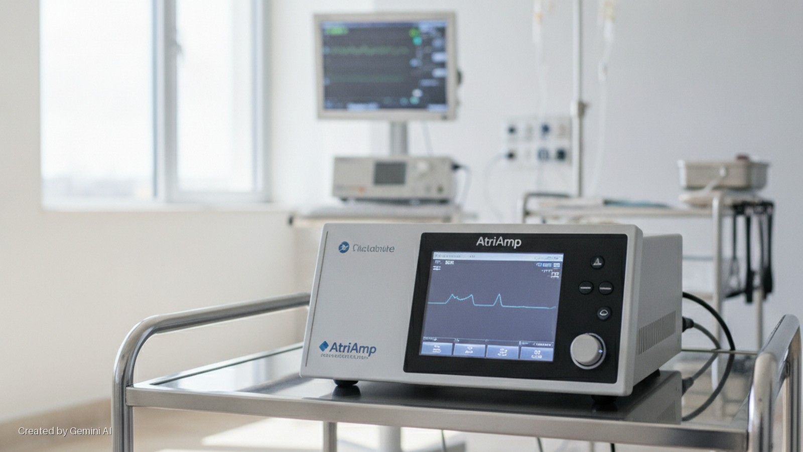 A white AtriAmp medical device on a metal cart is positioned in a brightly lit medical room with a monitor and IV pole in the background.