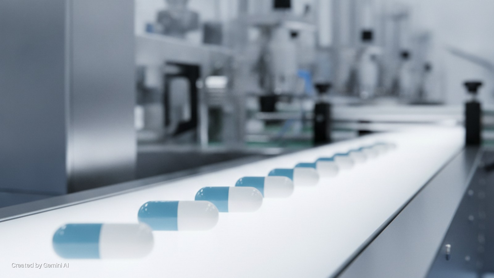 Blue and white capsules line a white conveyor belt in a brightly lit pharmaceutical manufacturing facility, with blurred machinery visible in the background.
