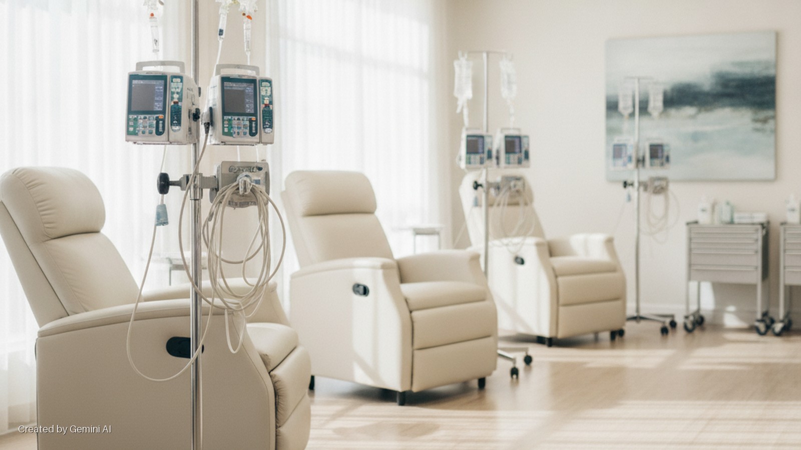 A bright medical infusion room features several beige recliner chairs, IV stands with infusion pumps and bags, and medical supply carts, illuminated by soft natural light from a large window.