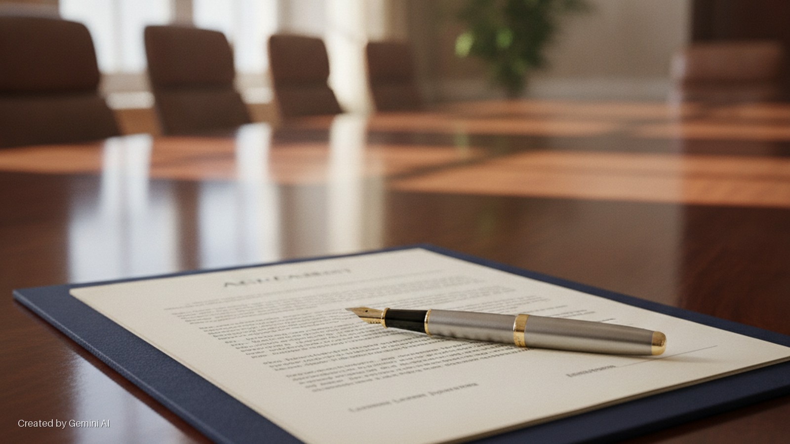 An agreement in a blue folder with a fountain pen rests on a shiny wooden conference table, brightly lit by natural light from a window, with blurred office chairs in the background.