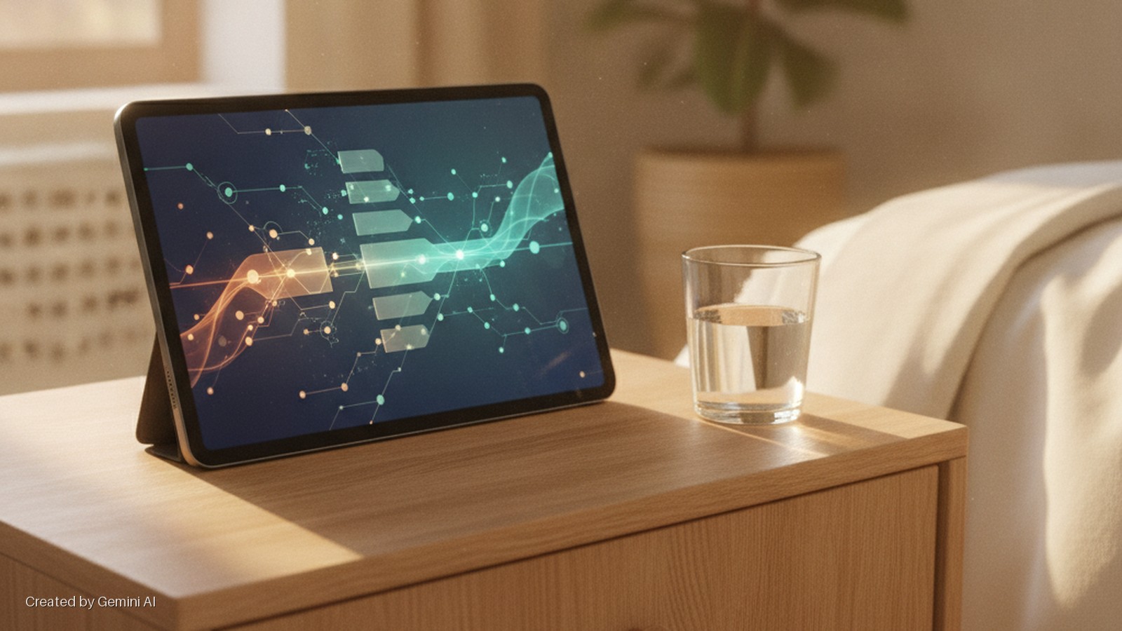 A tablet displaying a vibrant digital network graphic sits on a wooden nightstand next to a glass of water, bathed in warm sunlight beside a bed.