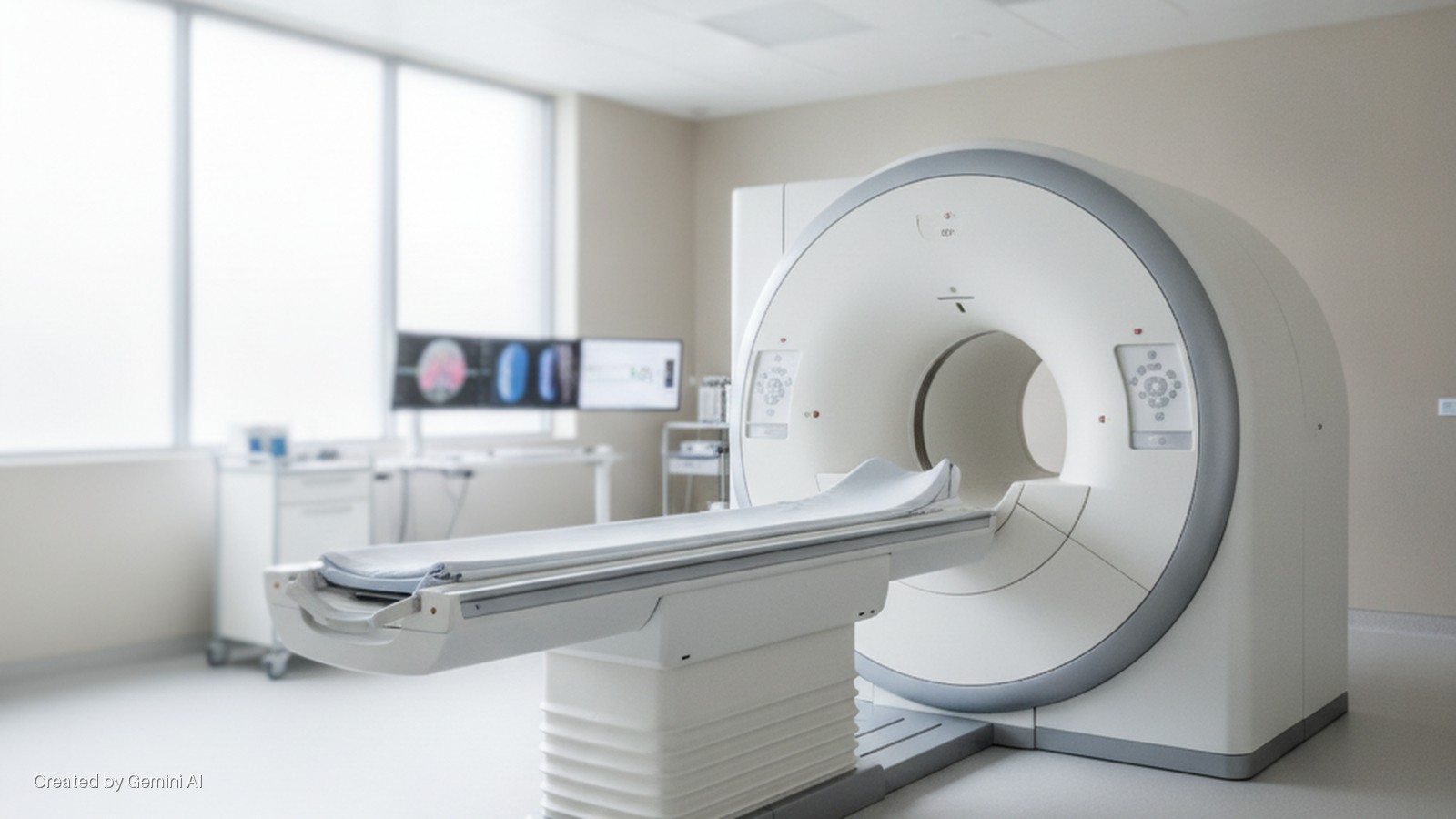 A brightly lit, modern medical imaging room features a large white MRI or CT scanner with a patient examination table, two computer monitors displaying medical scans, and medical carts visible in the background.