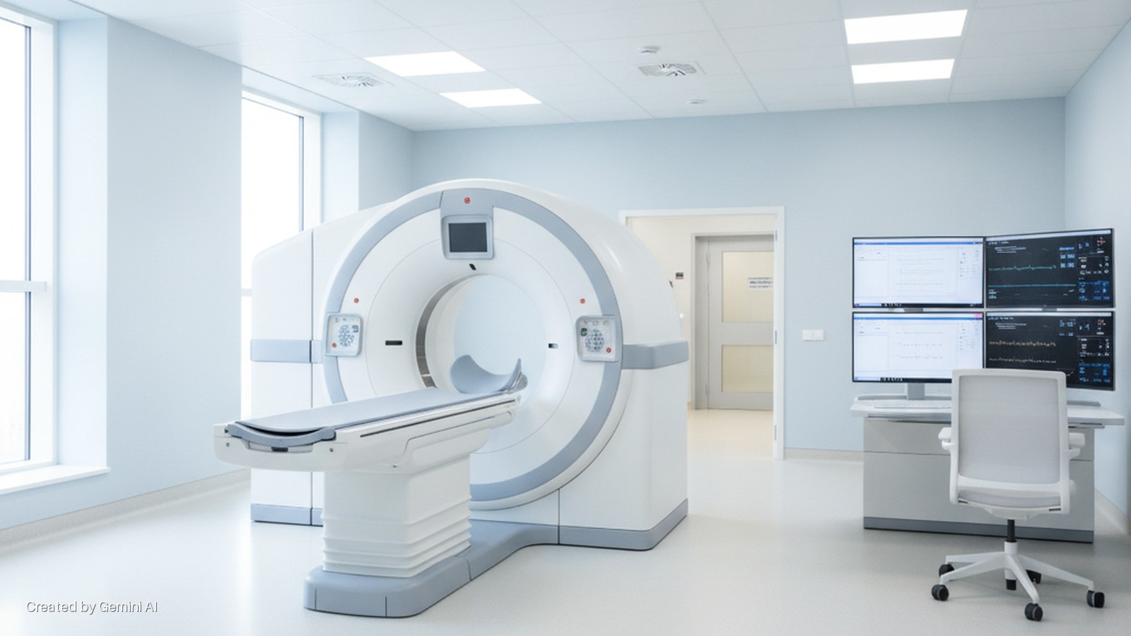A bright, modern medical imaging room with large windows and a door, featuring a white and grey CT scanner with an examination table, and a workstation with four computer monitors and an office chair, illuminated by overhead panel lights.