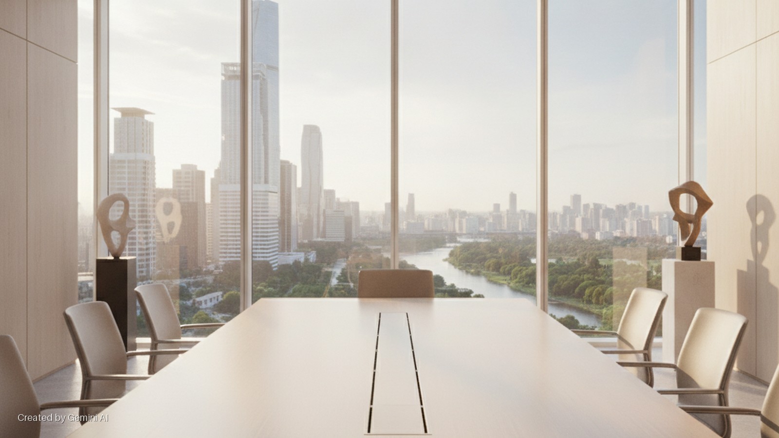 A modern conference room features a long table with chairs, offering a panoramic view of a sunlit cityscape and a river through floor-to-ceiling windows, with two abstract sculptures on pedestals flanking the scene.