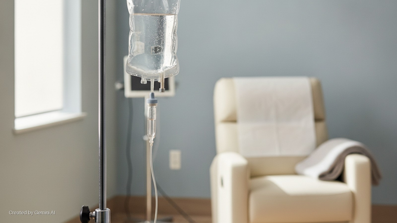 An IV bag hangs from a stand in a medical room with a window to the left and a light-colored armchair and blanket in the background, lit by natural light.