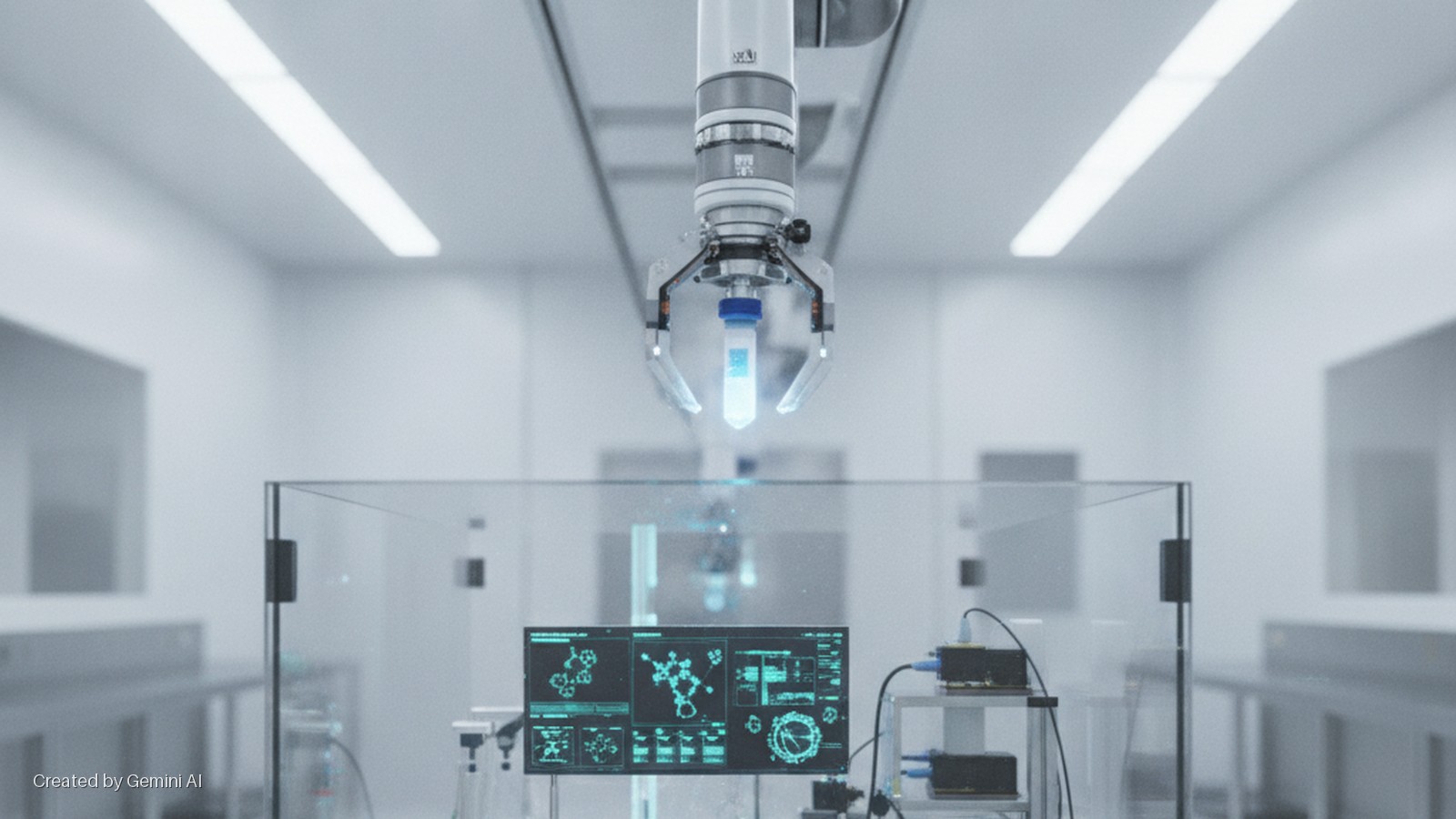 A robotic arm holds a glowing test tube above a clear enclosure and a monitor displaying scientific data in a brightly lit, modern laboratory.