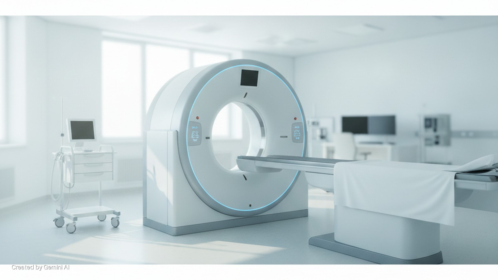 A bright, sterile medical imaging room featuring a modern CT scanner with a patient bed, a mobile medical cart, and large windows, all illuminated by natural light.