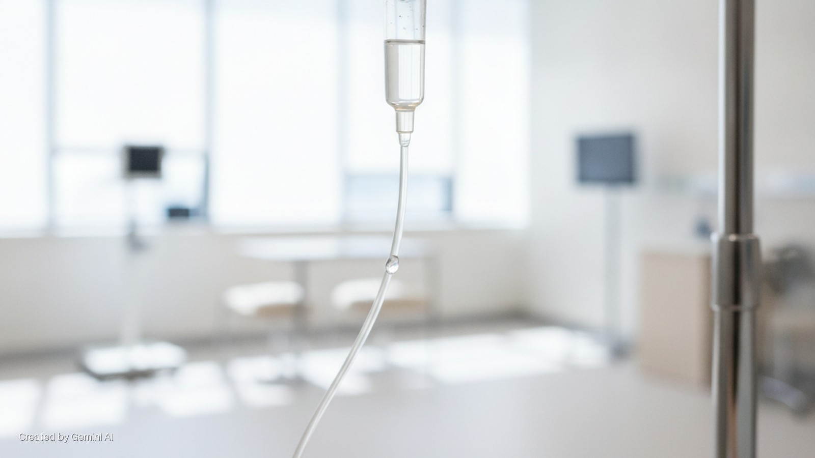 A clear IV drip bag and tube with a visible drop hangs in the foreground, against the brightly lit, blurred background of a hospital room with medical monitors and tables.