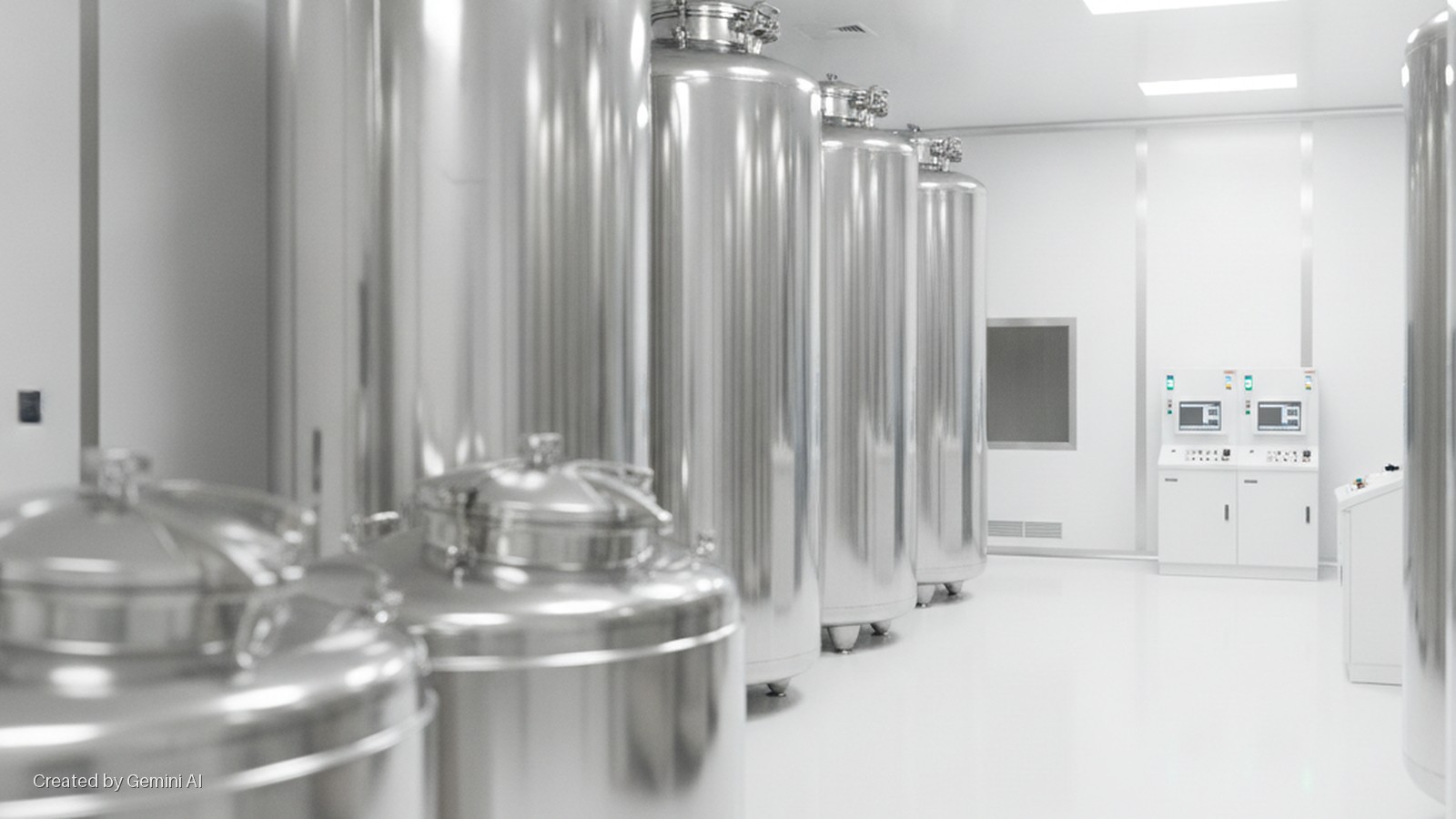 A modern cleanroom contains a row of large, reflective stainless steel cryogenic storage tanks, with smaller lidded vessels in the foreground and white control cabinets on the far wall, under bright overhead lighting.
