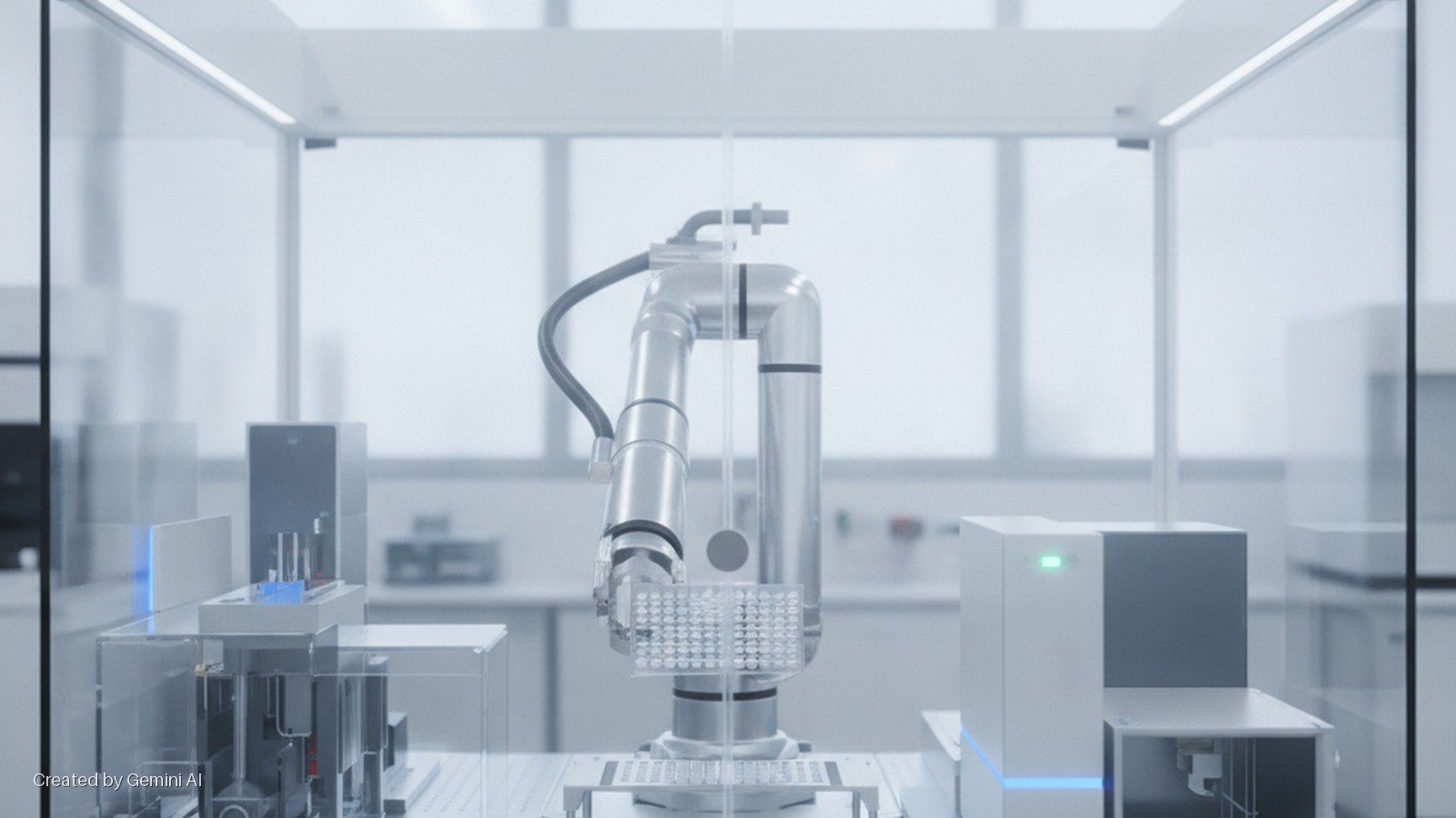 A robotic arm holds a microtiter plate inside a brightly lit, modern laboratory enclosure, surrounded by scientific instruments with glowing blue and green indicator lights.