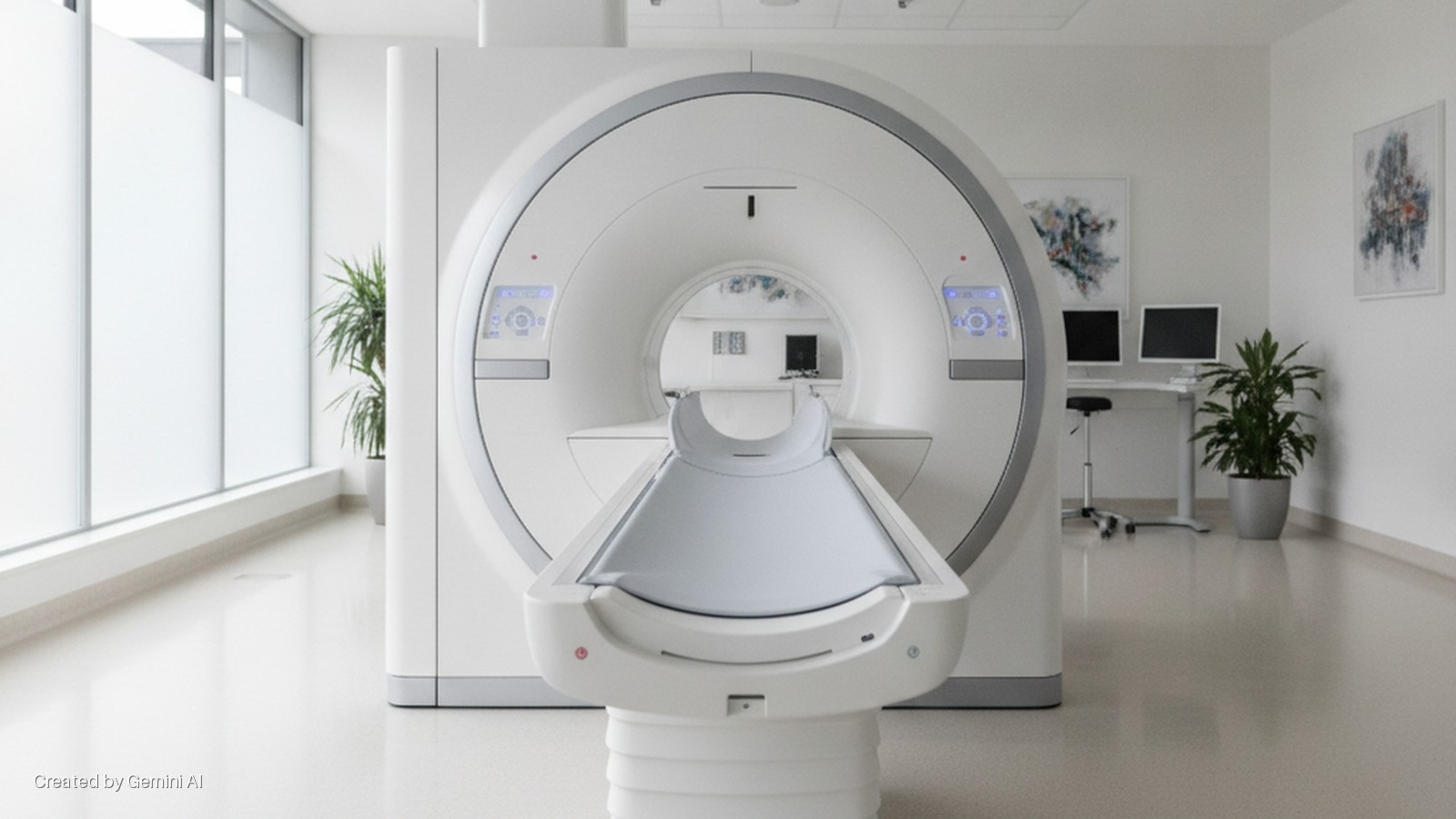 A brightly lit, modern medical imaging room featuring a white MRI machine with a patient bed, a desk with dual computer monitors, two potted plants, two abstract artworks, and large frosted glass windows.