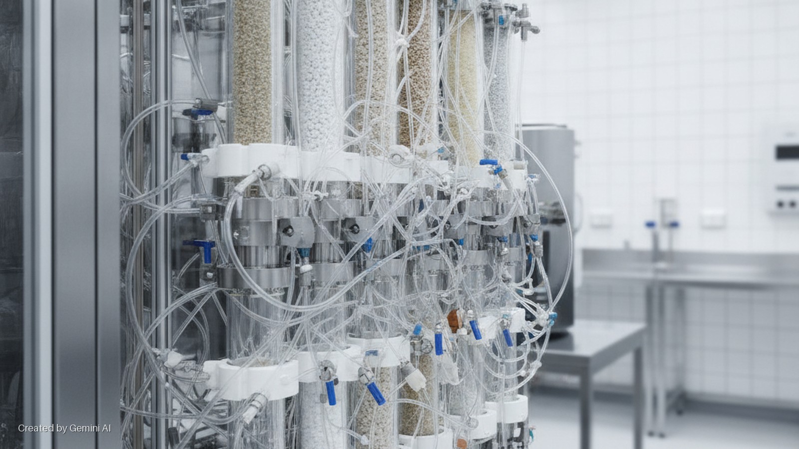 A complex laboratory apparatus with multiple clear columns filled with diverse granular materials, interconnected by clear tubing and blue valves, is brightly lit within a white-tiled, sterile lab.