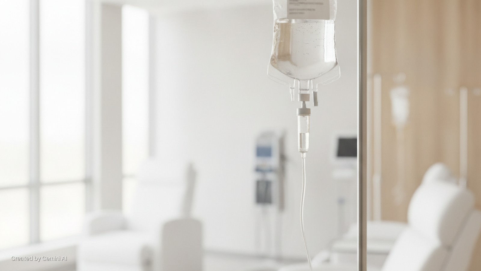An IV bag hangs from a metallic stand in the foreground of a brightly lit medical room, with blurred white chairs and large windows visible in the background.