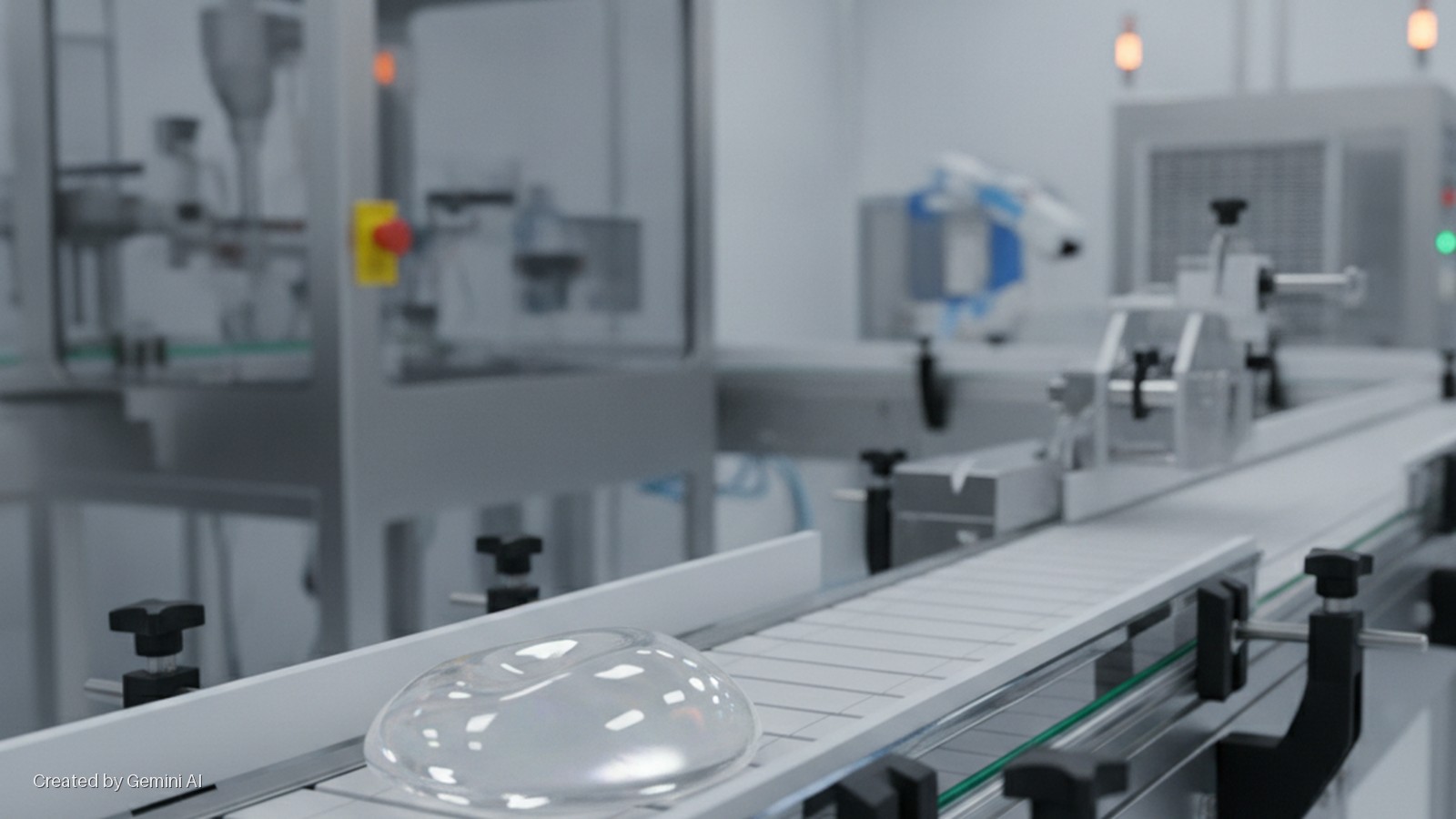 A clear, dome-shaped object travels on a white conveyor belt within a brightly lit, modern industrial production line featuring blurred machinery, an emergency stop button, and operational indicator lights.