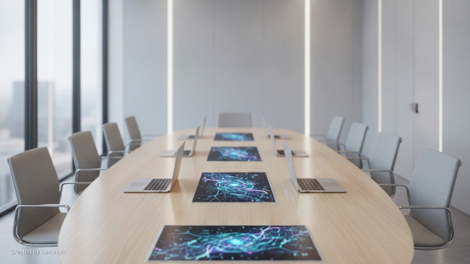 A modern conference room features a long oval wooden table, grey upholstered chairs, open laptops, and embedded screens displaying abstract blue and purple light patterns, illuminated by natural light from large windows and vertical wall fi