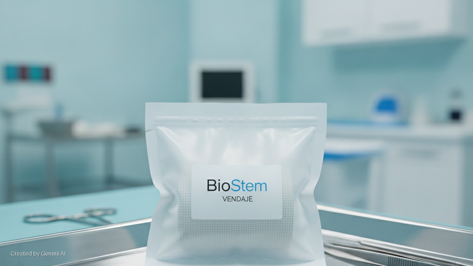 A white zippered pouch labeled "BioStem VENDAJE" containing a white mesh bandage rests on a silver tray alongside surgical scissors and forceps in a brightly lit, sterile medical facility.