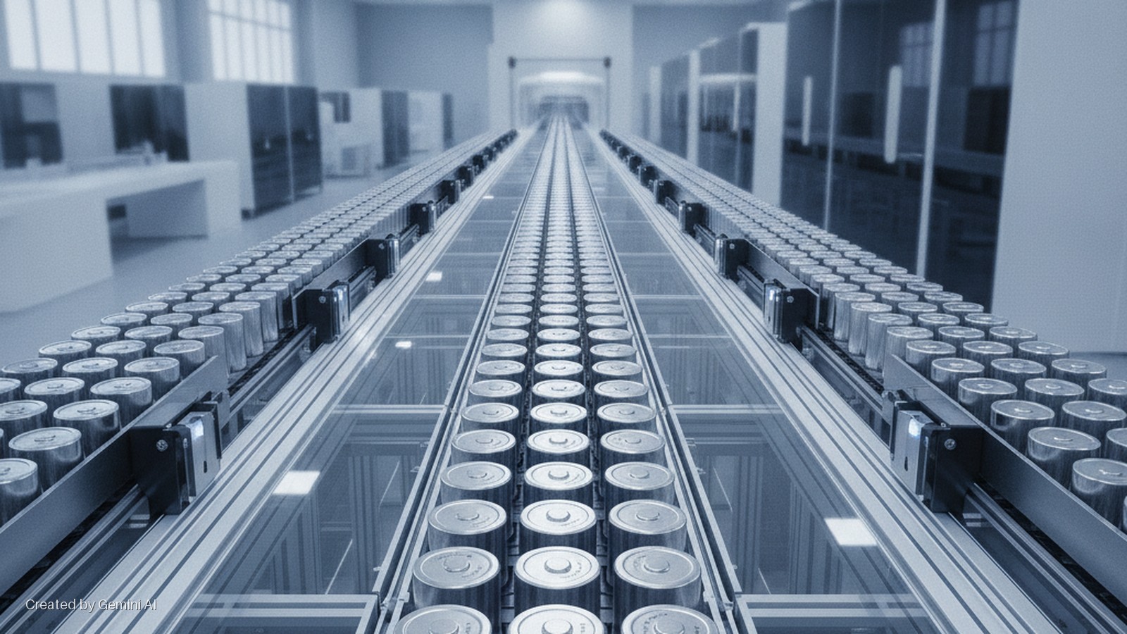 Metallic cylindrical batteries travel in precise rows on multiple conveyor belts within a brightly lit, clean factory environment.