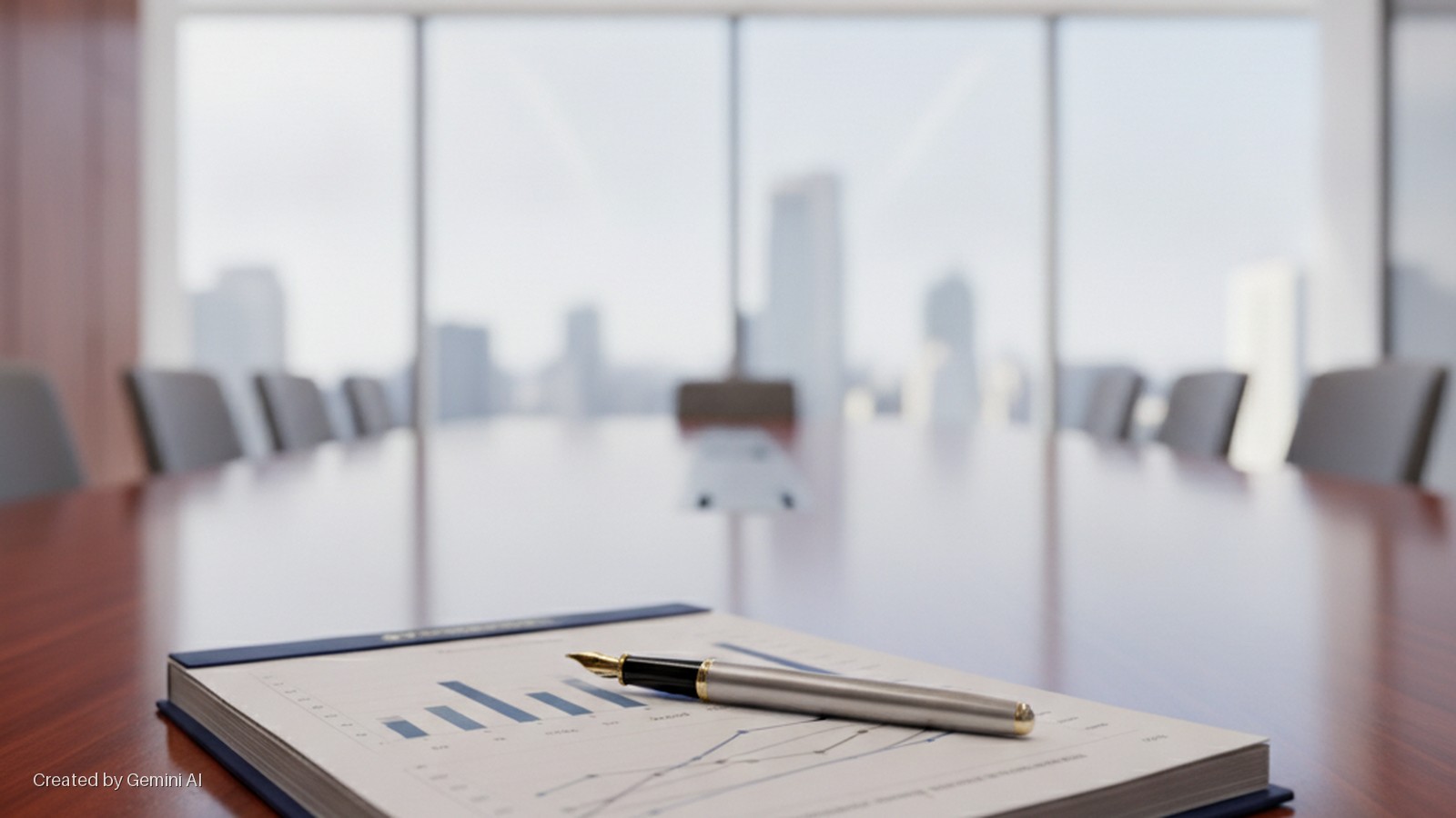 A fountain pen rests on a document displaying charts on a wooden conference table with blurred chairs and a bright city skyline visible through large windows.