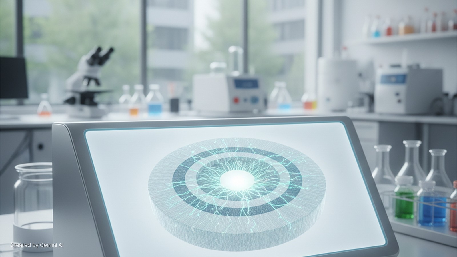 A bright, modern laboratory features a glowing display screen showing a circular, layered scientific model in the foreground, with a blurred microscope, beakers with colored liquids, and other lab equipment visible in the background.