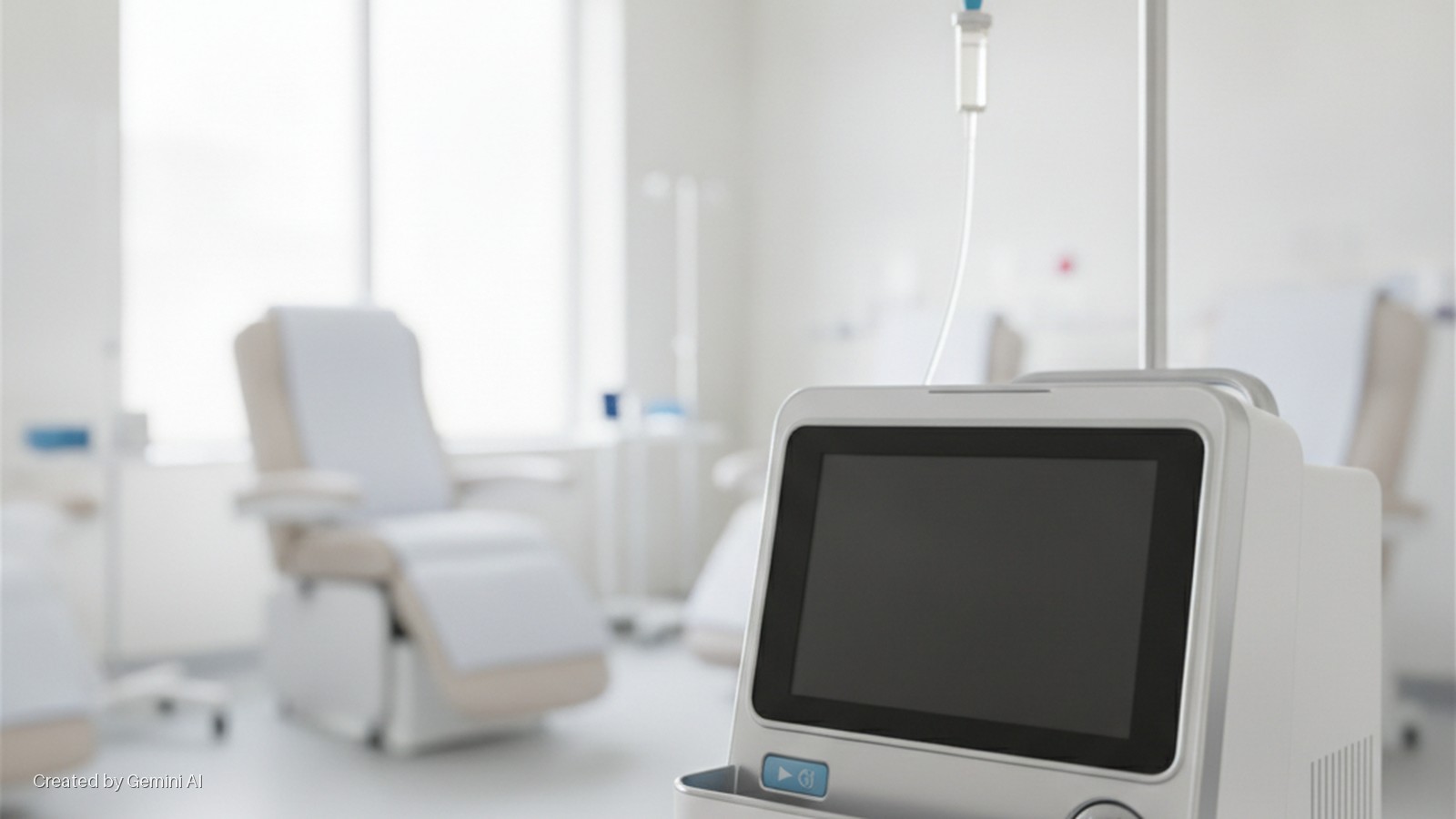 A brightly lit, sterile medical treatment room features a white medical monitor on an IV pole with an IV drip in the foreground, and blurred beige treatment chairs in the background.