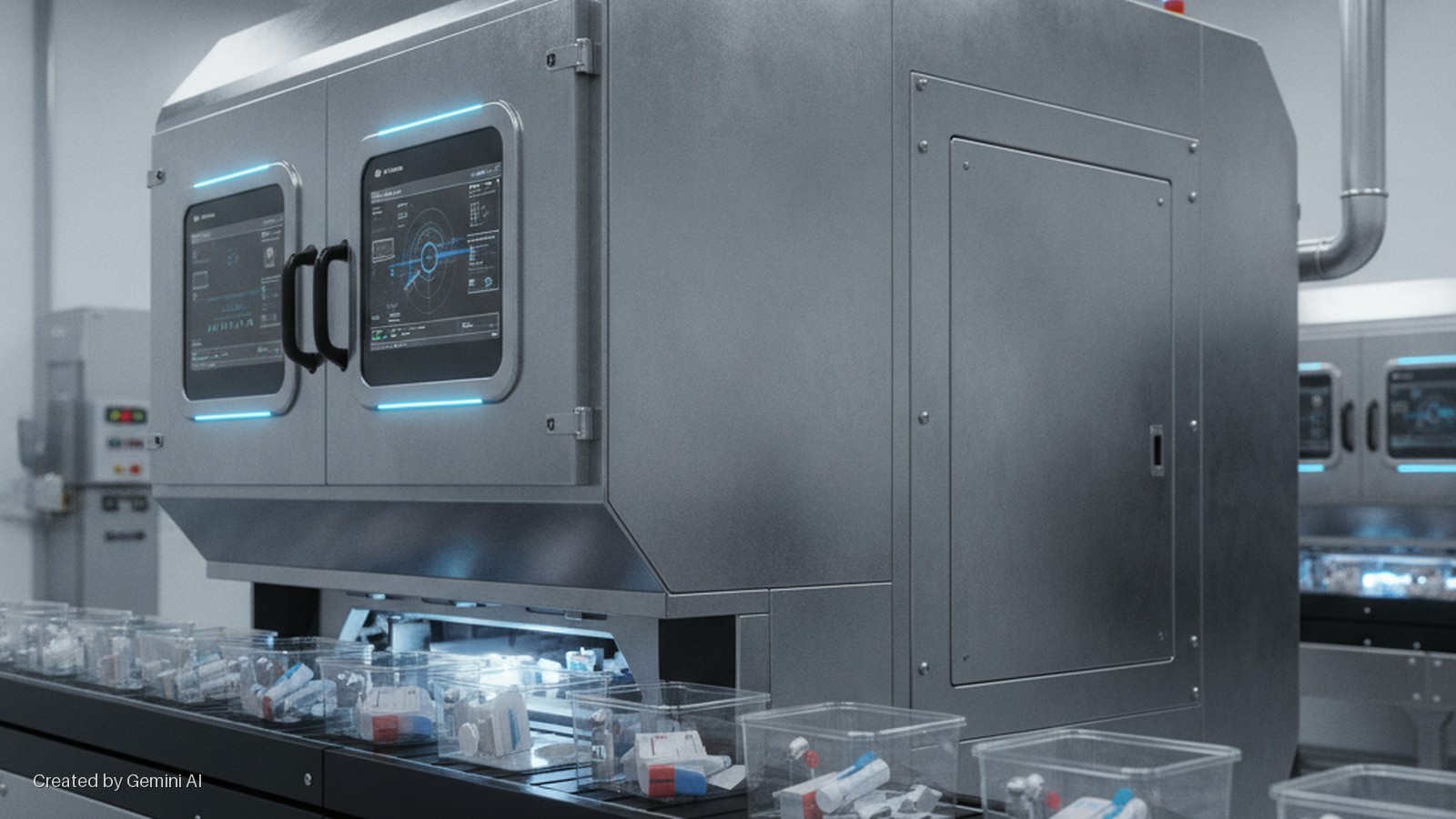 A large, grey industrial processing machine with two glowing blue digital displays and handles processes clear plastic containers holding various medical devices on a conveyor belt in a brightly lit laboratory setting.