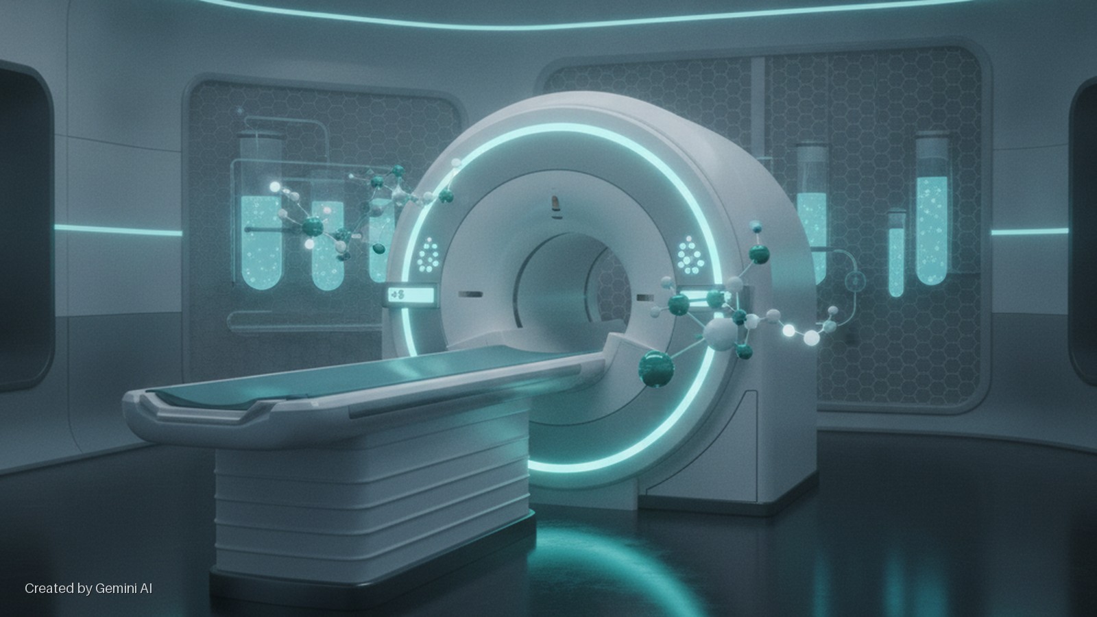 A high-tech medical examination room features a white MRI scanner with an attached patient bed, surrounded by glowing teal test tubes and molecular structures, all illuminated by a cool blue-green light.
