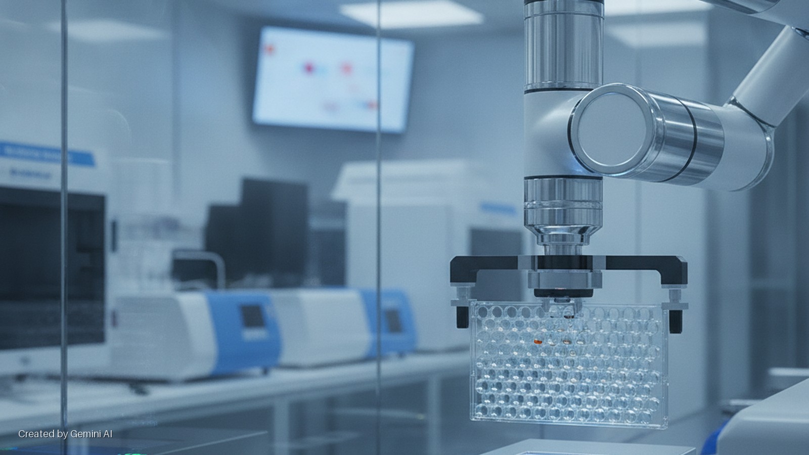 A robotic arm precisely manipulates a multi-well plate containing liquid samples in a brightly lit, modern science laboratory filled with scientific instruments.