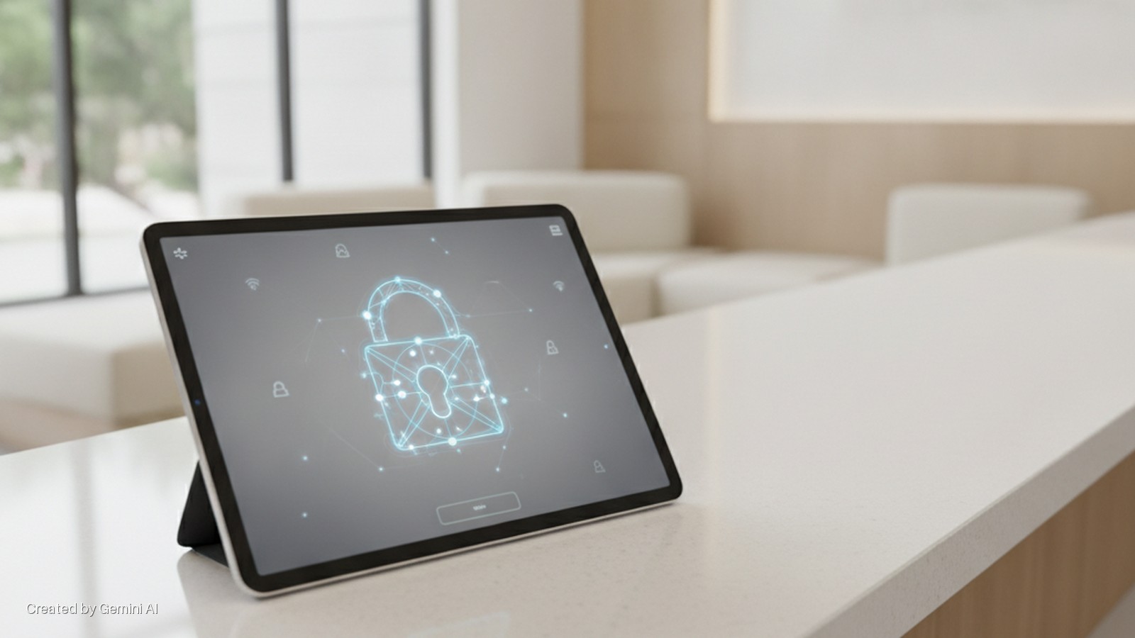 A tablet displaying a large glowing blue digital padlock icon and smaller security and Wi-Fi icons stands on a light-colored counter in a bright, modern interior with a window in the background.