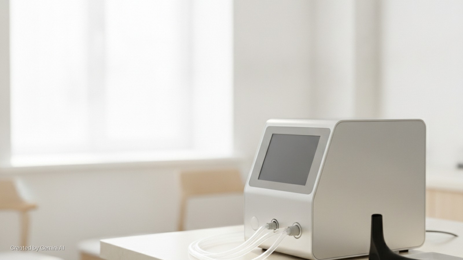 A medical device with a dark screen and clear tubes rests on a white table in a brightly lit room, with a blurred window and a chair visible in the background.